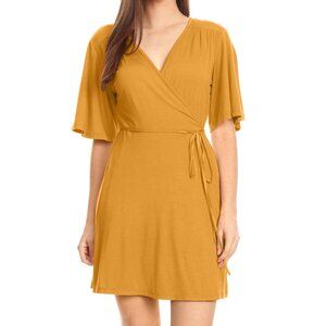 SIMLU Flare Sleeve V-Neck True Wrap-Rayon Dress Womens Size Small Tan Mini Dress